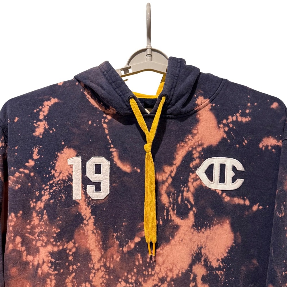 Champion Custom Bleached Hoodie Pullover Sweatshirt Navy Yellow Logo‎ Size XL